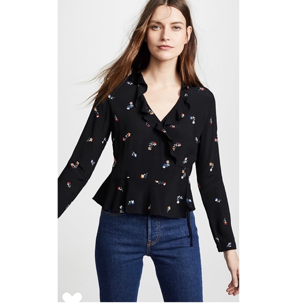 Rails Simone wrap blouse in navy Kyoto floral print white blue purple ruffle - Picture 3 of 14